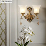 Vintage-Style White Glass Bell Wall Sconce Light With Brass Finish And Crystal Accent For Bedroom