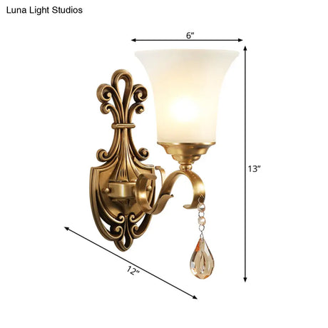 Vintage-Style White Glass Bell Wall Sconce Light With Brass Finish And Crystal Accent For Bedroom