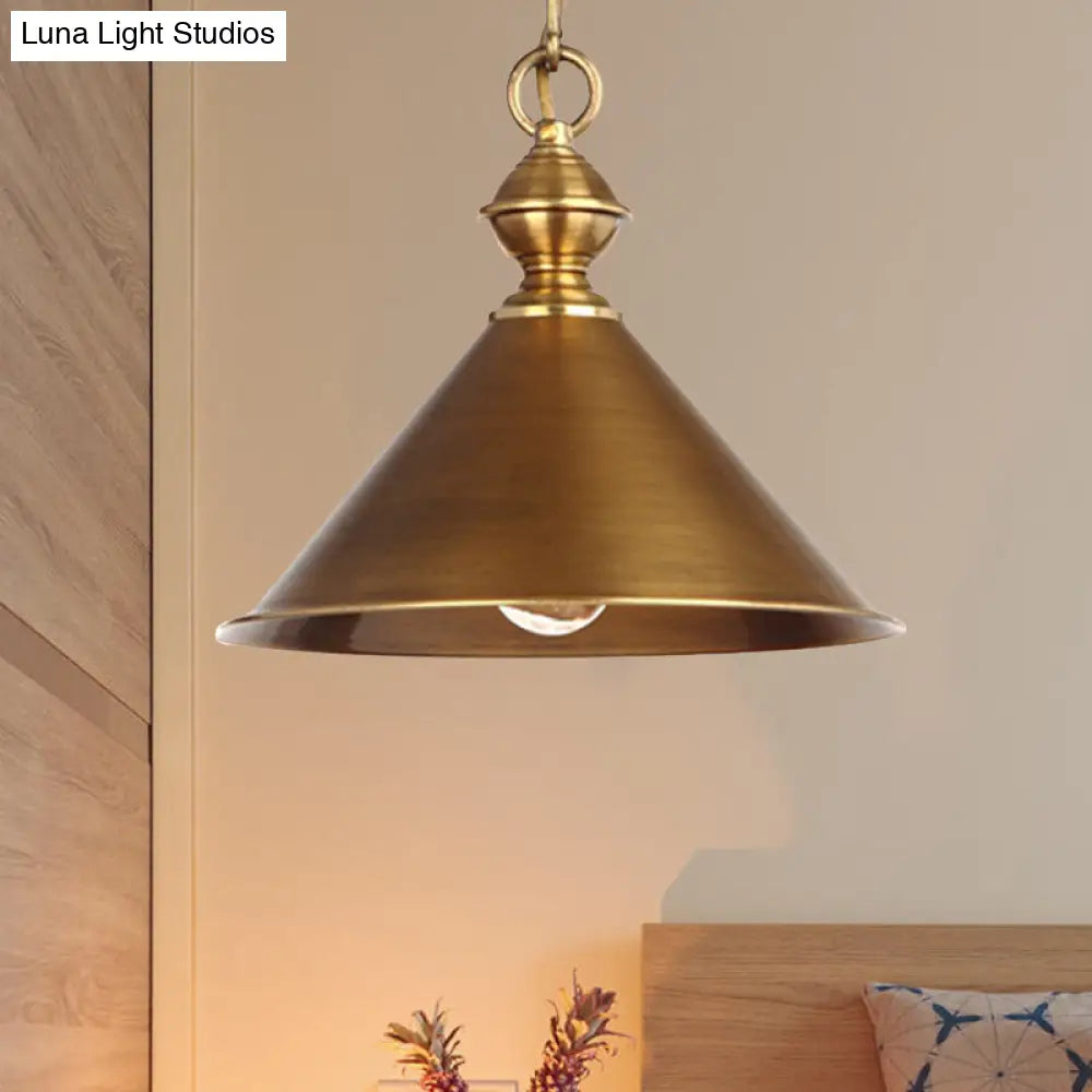 Vintage Suspension Pendant Light With Metallic Brass/Gold Finish - 7’/8.5’ Conical Shade
