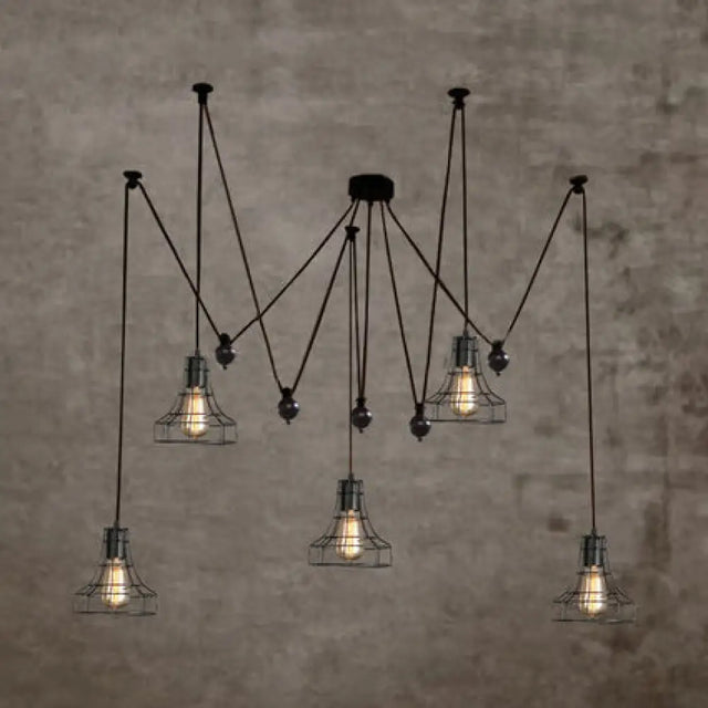 Vintage Swag Design Living Room Hanging Fixture With Globe/Cone Cage Shade - 5 Head Black Suspended