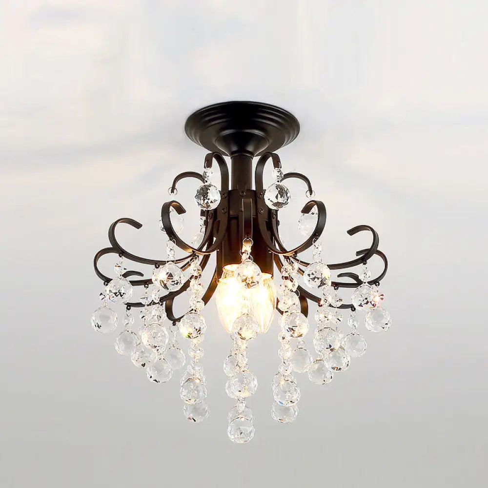 Vintage Swirl Metal Semi - Flush Ceiling Lighting With Crystal Orbs (3 Bulbs) Black