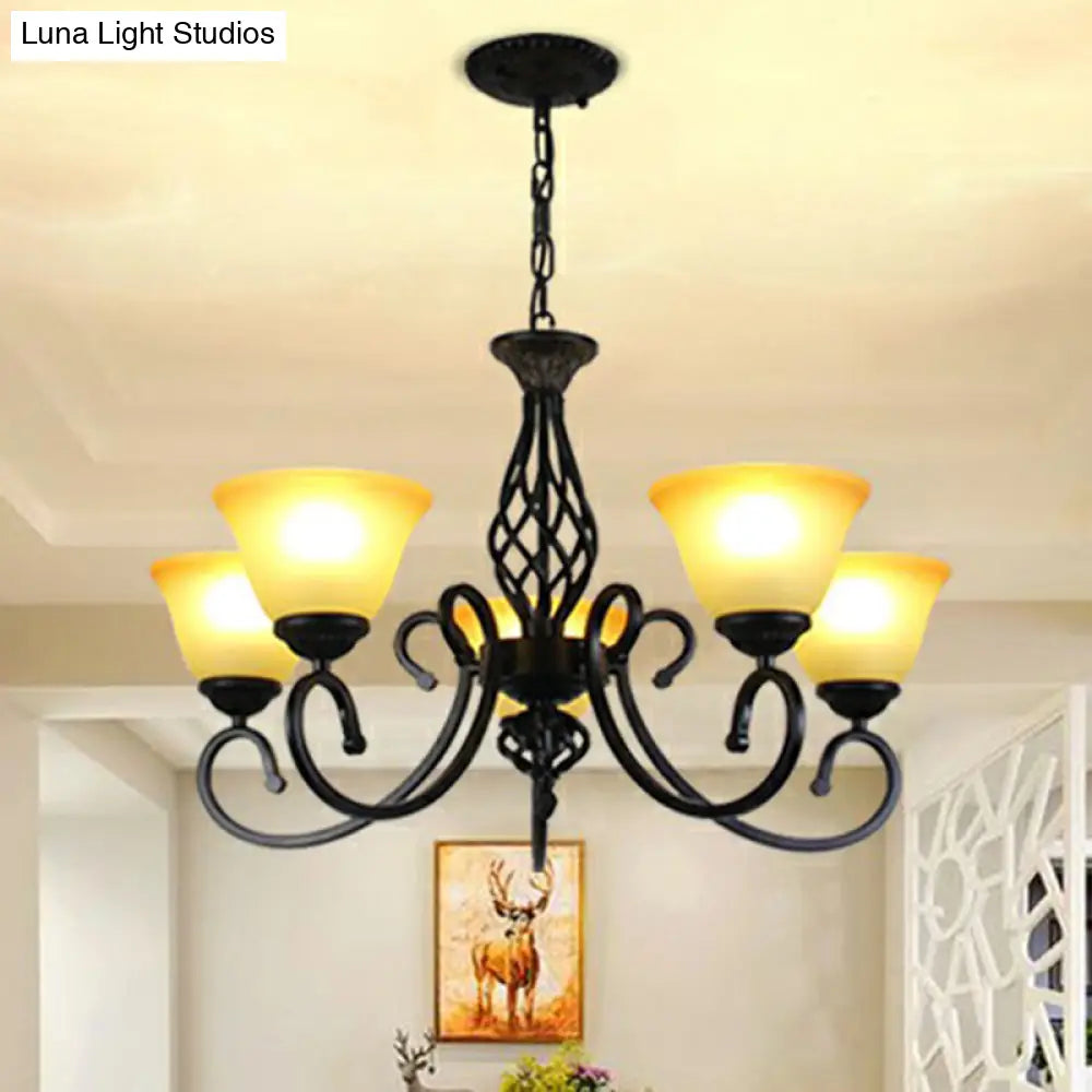 Vintage Swirled Arm Metallic Chandelier Pendant Light With Bell Frost Glass Shade For Living Room