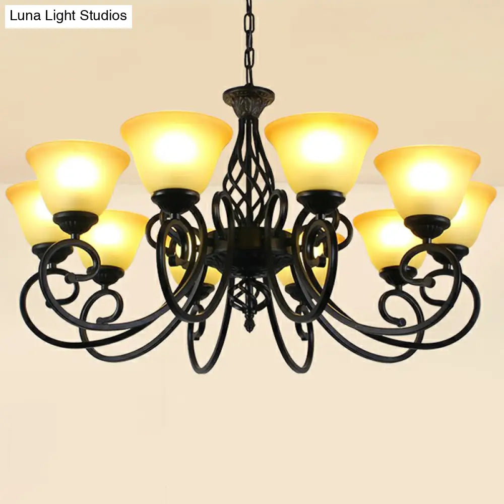 Vintage Swirled Arm Metallic Chandelier Pendant Light With Bell Frost Glass Shade For Living Room