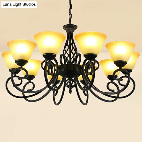 Vintage Swirled Arm Metallic Chandelier Pendant Light With Bell Frost Glass Shade For Living Room