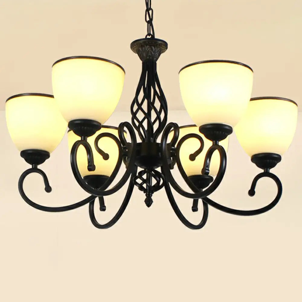 Vintage Swirled Arm Metallic Chandelier Pendant Light With Bell Frost Glass Shade For Living Room 6