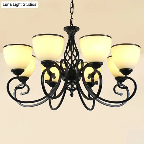 Vintage Swirled Arm Metallic Chandelier Pendant Light With Bell Frost Glass Shade For Living Room
