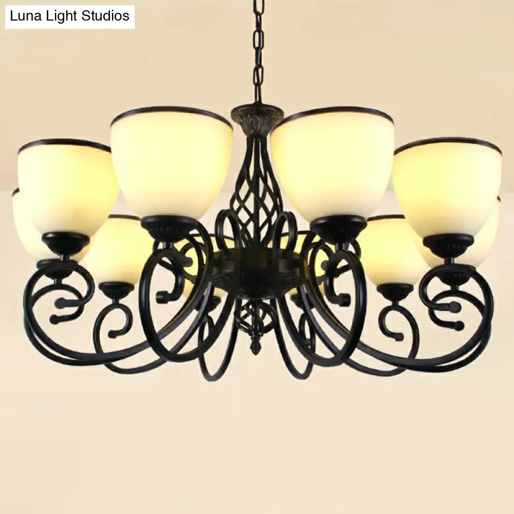 Vintage Swirled Arm Metallic Chandelier Pendant Light With Bell Frost Glass Shade For Living Room