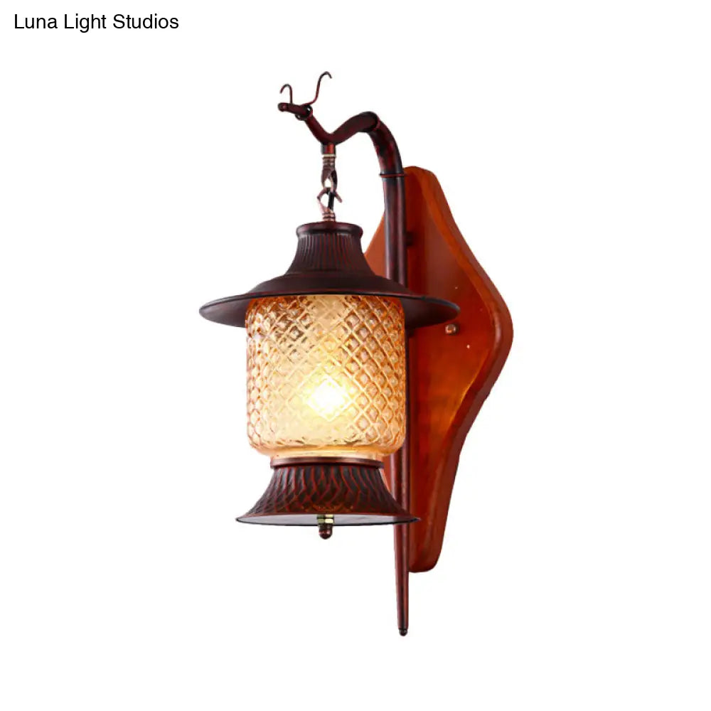 Vintage Tan Glass Lantern Sconce Light Fixture - 1-Light Copper Wall Lighting With Wood Backplate