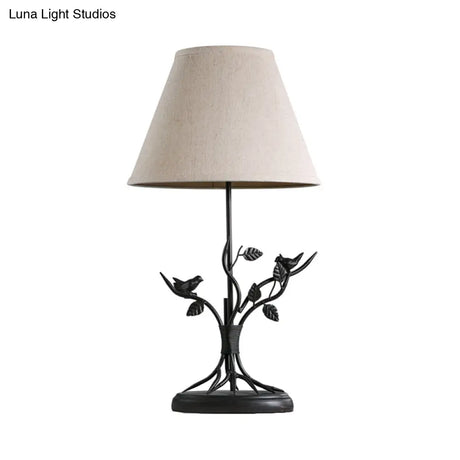 Vintage Tapered Fabric Table Light With Branch Design - White 1 Head Nightstand Lighting For Living