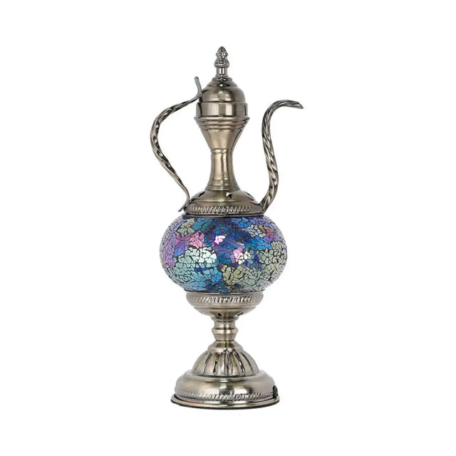 Vintage Teapot Night Table Lamp - Pink/Purple/Blue Stained Glass Bedroom Nightstand Light