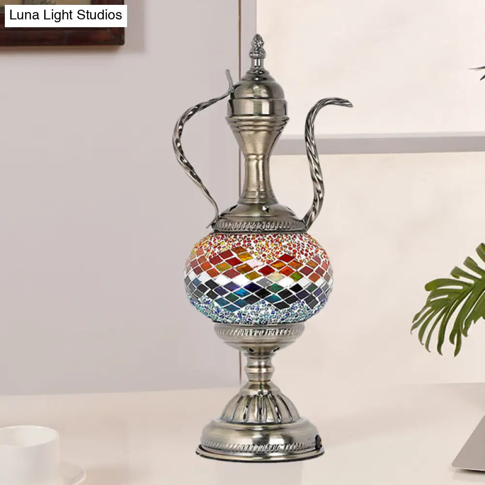 Vintage Teapot Night Table Lamp - Pink/Purple/Blue Stained Glass Bedroom Nightstand Light