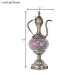 Vintage Teapot Night Table Lamp - Pink/Purple/Blue Stained Glass Bedroom Nightstand Light