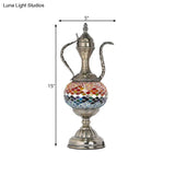 Vintage Teapot Night Table Lamp - Pink/Purple/Blue Stained Glass Bedroom Nightstand Light