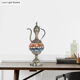 Vintage Teapot Night Table Lamp - Pink/Purple/Blue Stained Glass Bedroom Nightstand Light