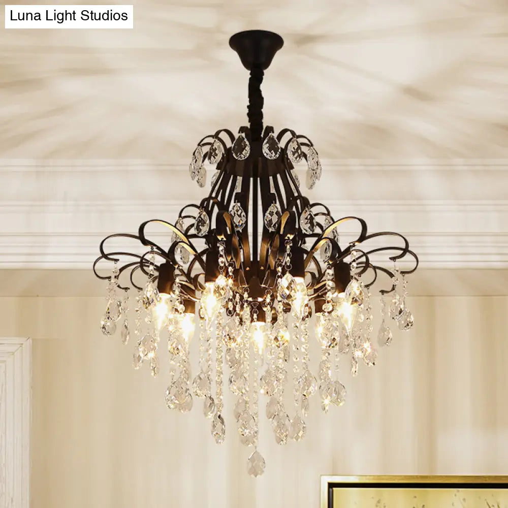 Vintage Teardrop Crystal Chandelier Light - Black Hanging Fixture With Curved Arms 3/7 Lights