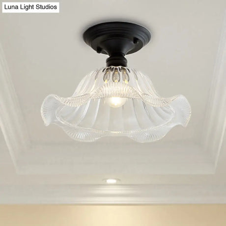 Vintage Textured Glass Semi Flush Ceiling Lighting In Clear For Living Room - One Light