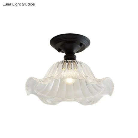Vintage Textured Glass Semi Flush Ceiling Lighting In Clear For Living Room - One Light