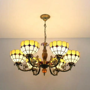 Vintage Tiffany Art Glass Chandelier - Yellow Grid Bowl Pendant Light With 6 Lights For Hallway