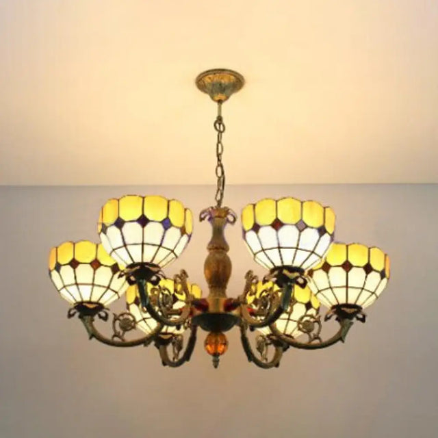 Vintage Tiffany Art Glass Chandelier - Yellow Grid Bowl Pendant Light With 6 Lights For Hallway