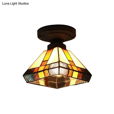 Vintage Tiffany Craftsman Flush Ceiling Light In Black/Antique Brass - Stained Glass Lamp For