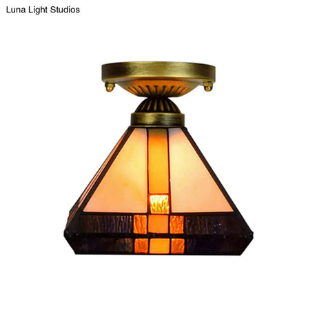 Vintage Tiffany Craftsman Flush Ceiling Light In Black/Antique Brass - Stained Glass Lamp For