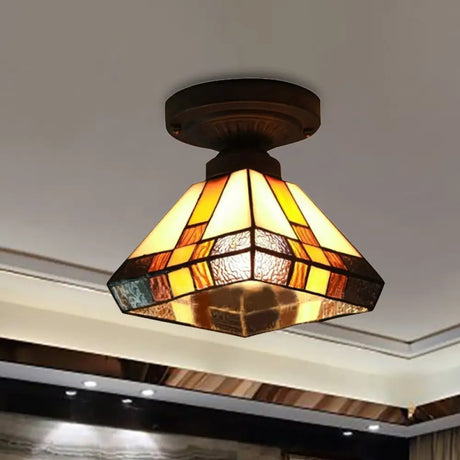Vintage Tiffany Craftsman Flush Ceiling Light In Black/Antique Brass - Stained Glass Lamp For