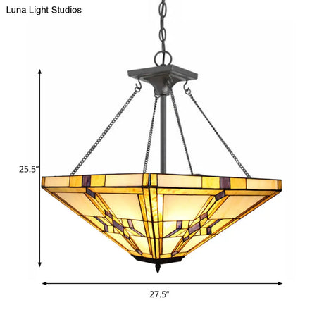 Vintage Tiffany Pyramid 19.5’/27.5’ Stained Glass Chandelier Pendant Light Beige Bedroom Décor