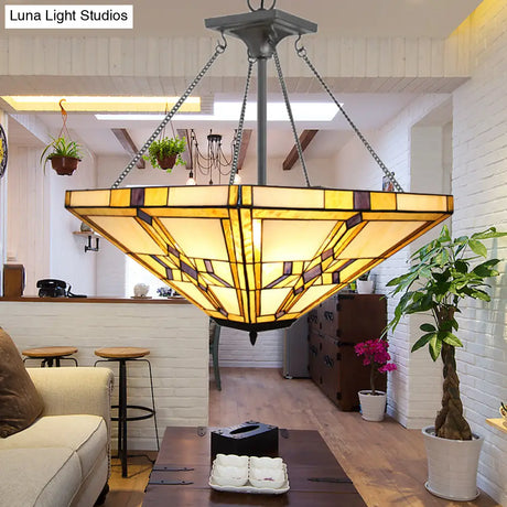 Vintage Tiffany Pyramid 19.5’/27.5’ Stained Glass Chandelier Pendant Light Beige Bedroom Décor