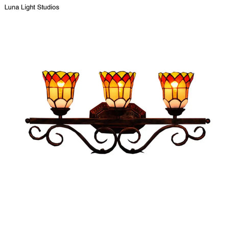 Vintage Tiffany Stained Glass 3-Light Vanity Sconce In Yellow/Red/Clear For Bathroom