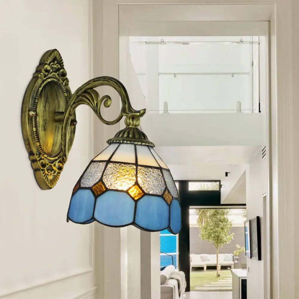 Vintage Tiffany Stained Glass Bowl Sconce 1 Light Wall Lighting For Corridor Clear/White Clear