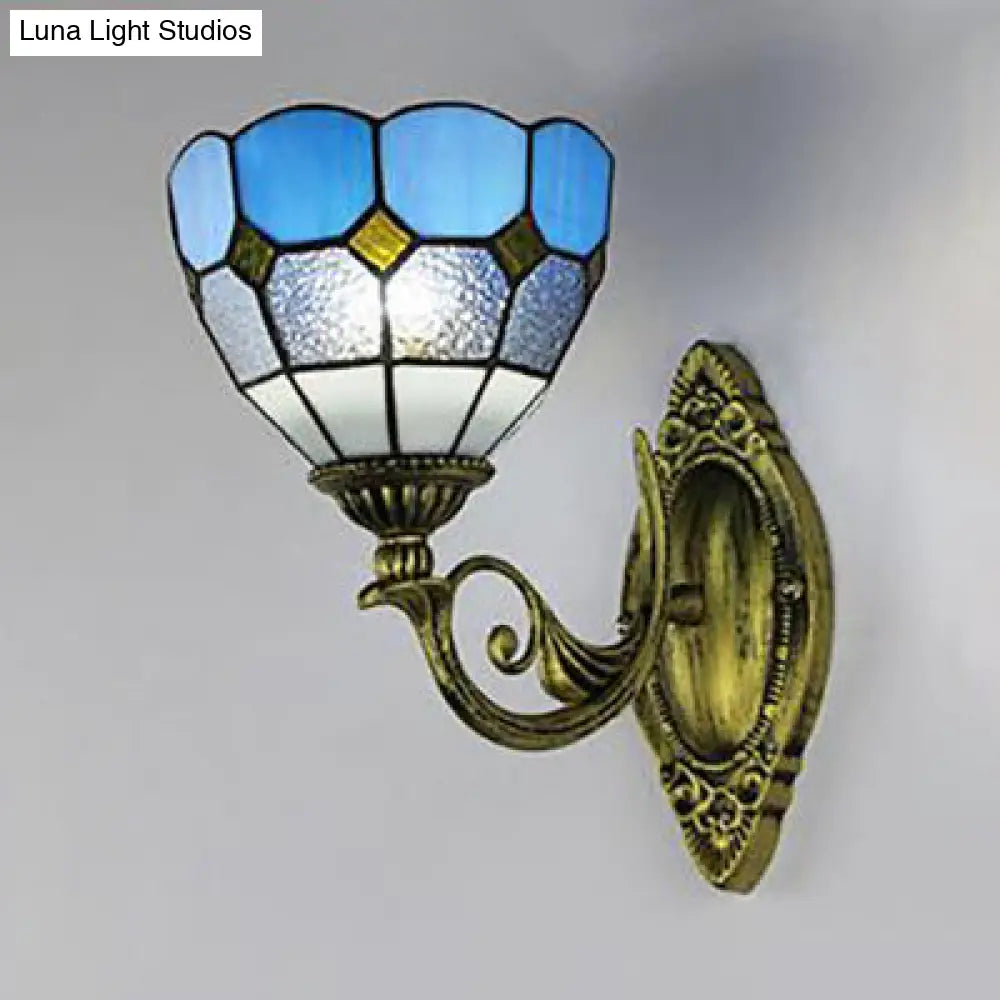 Vintage Tiffany Stained Glass Bowl Sconce 1 Light Wall Lighting For Corridor Clear/White