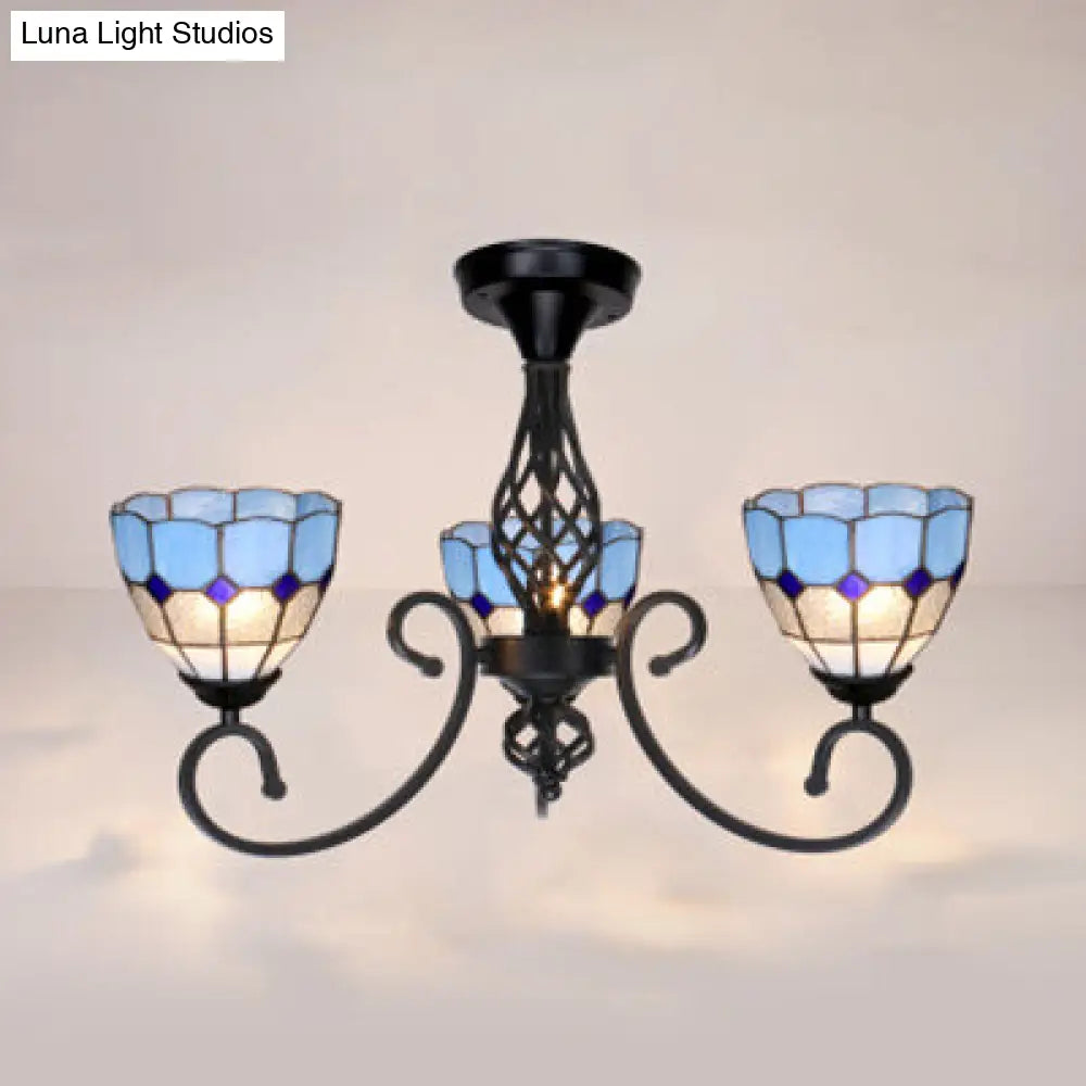 Vintage Tiffany Stained Glass Ceiling Light - 3 Lights White/Blue Surface Mount Blue