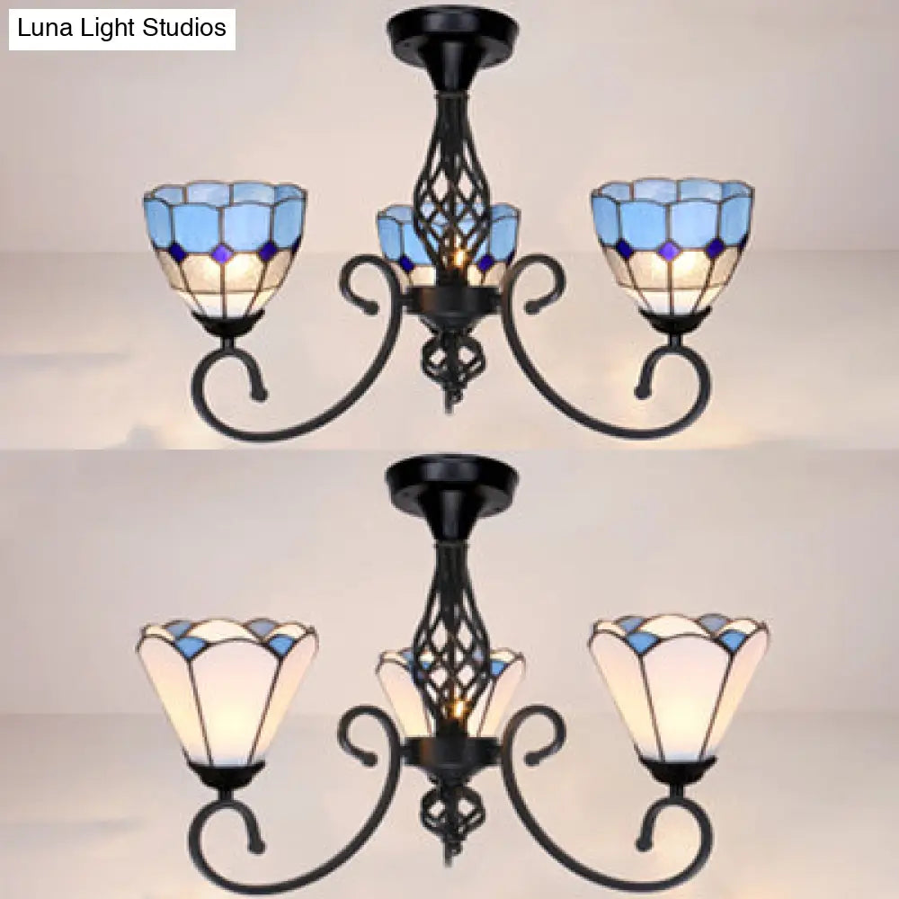 Vintage Tiffany Stained Glass Ceiling Light - 3 Lights White/Blue Surface Mount
