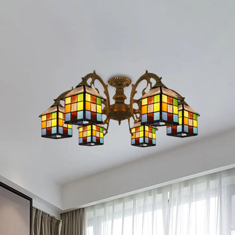 Vintage Tiffany Stained Glass Chandelier For Restaurant & Library - 3/5/6 Lights 6 / Antique Bronze