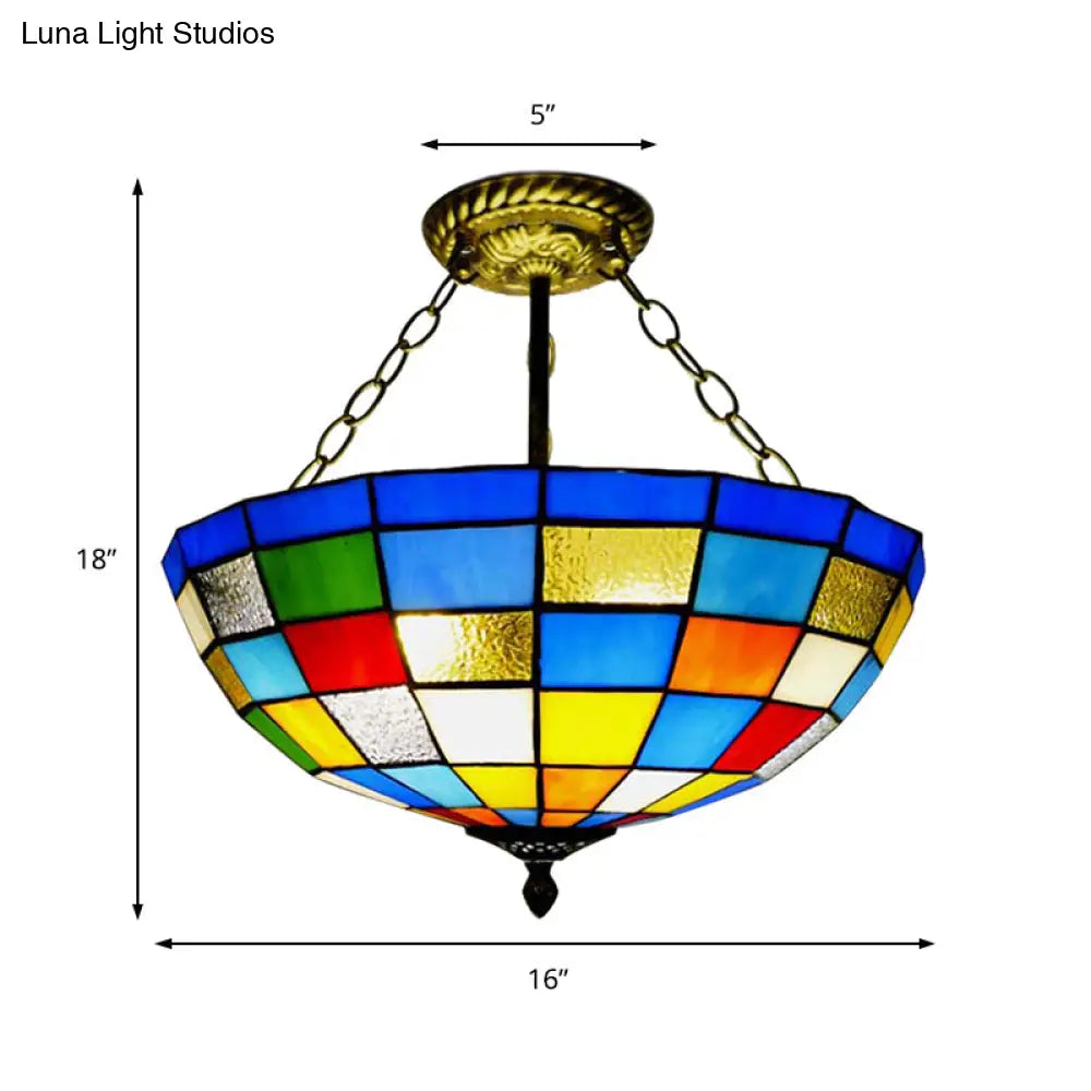 Vintage Tiffany Stained Glass Dome Ceiling Light - Antique Brass Chandelier