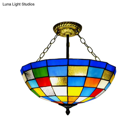 Vintage Tiffany Stained Glass Dome Ceiling Light - Antique Brass Chandelier
