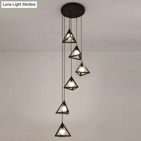 Vintage Black Metal Triangle Cluster Pendant Light - 6-Bulb Hanging Ceiling