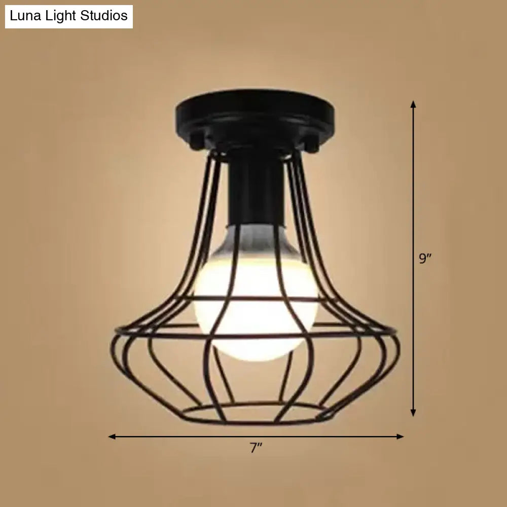 Vintage Urn/Vase Cage Metal Flush Mount Light With 1 Bulb - Black