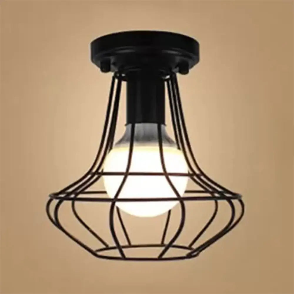 Vintage Urn/Vase Cage Metal Flush Mount Light With 1 Bulb - Black / Vase