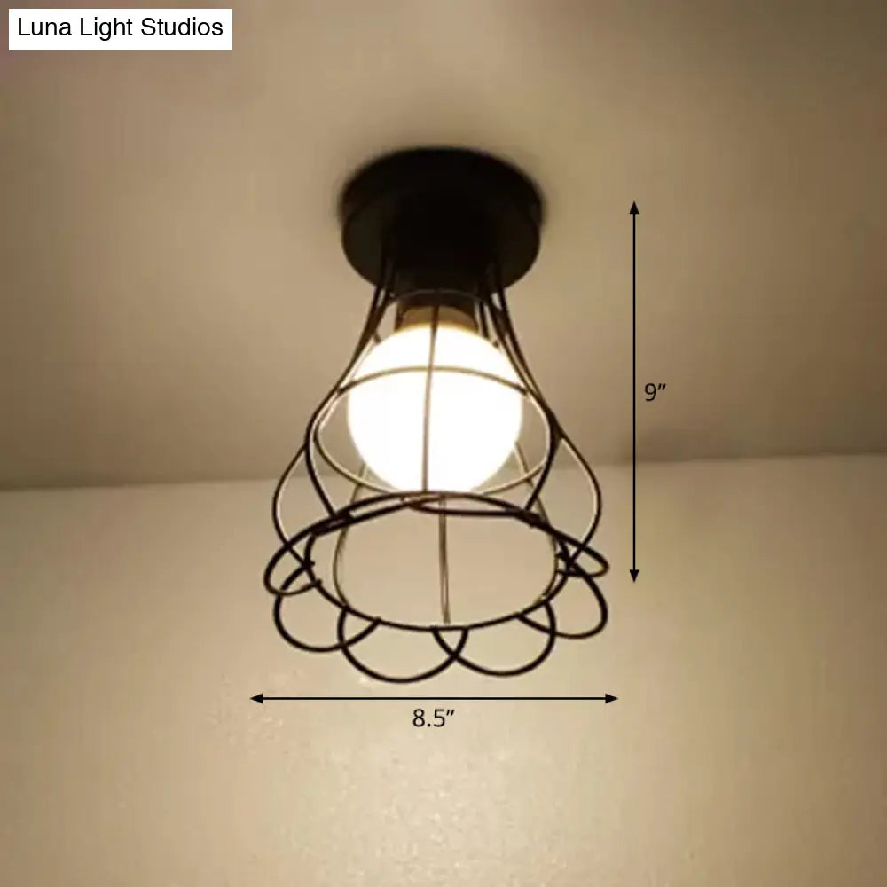 Vintage Urn/Vase Cage Metal Flush Mount Light With 1 Bulb - Black
