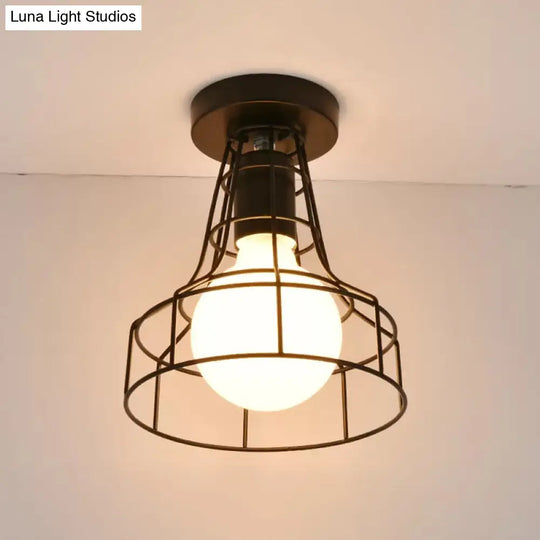 Vintage Urn/Vase Cage Metal Flush Mount Light With 1 Bulb - Black