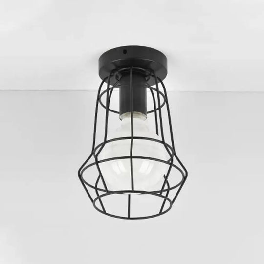 Vintage Urn/Vase Cage Metal Flush Mount Light With 1 Bulb - Black / Tower