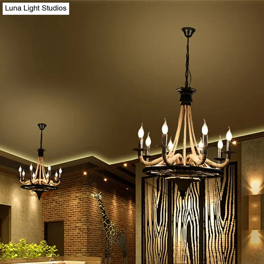 Vintage Wagon Wheel Chandelier With Rope Detail - 6 Bulb Pendant Light Black Metal Hanging Lamp