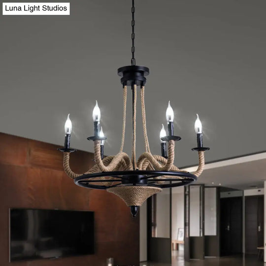 Vintage Wagon Wheel Chandelier With Rope Detail - 6 Bulb Pendant Light Black Metal Hanging Lamp