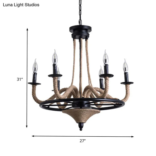 Vintage Wagon Wheel 6 Bulb Chandelier Pendant Light With Rope Detail - Black Metal Hanging Lamp