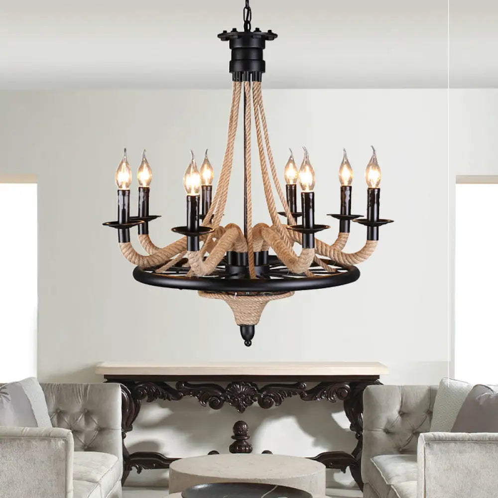 Vintage Wagon Wheel 6 Bulb Chandelier Pendant Light With Rope Detail - Black Metal Hanging Lamp / A