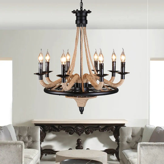 Vintage Wagon Wheel 6 Bulb Chandelier Pendant Light With Rope Detail - Black Metal Hanging Lamp / A