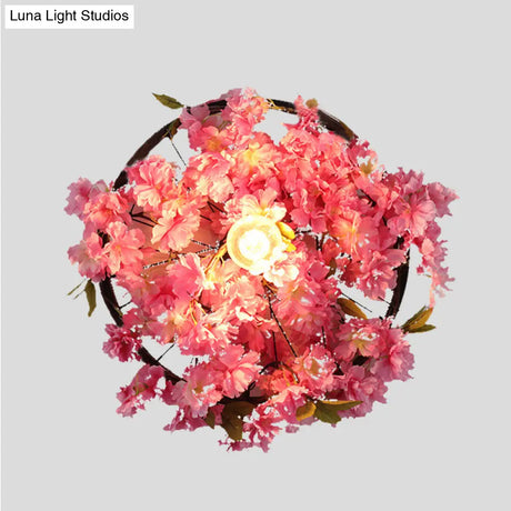 Vintage Wagon Wheel Wall Light: 1 Bulb Led Metal Sconce With Flower/Plant Decor In Pink/Green