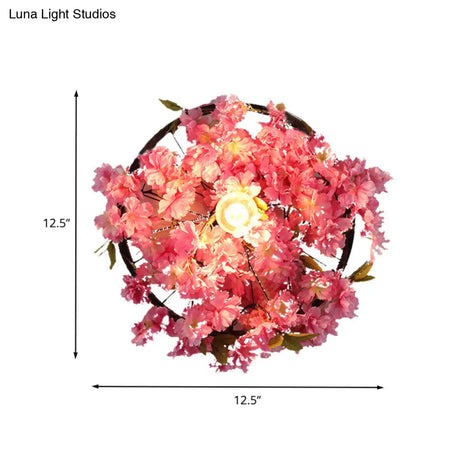 Vintage Wagon Wheel Wall Light: 1 Bulb Led Metal Sconce With Flower/Plant Decor In Pink/Green