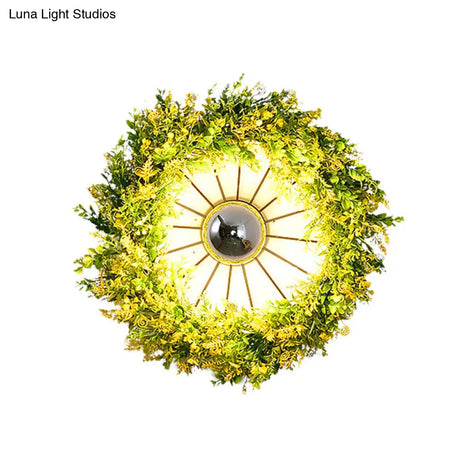 Vintage Wagon Wheel Wall Light: 1 Bulb Led Metal Sconce With Flower/Plant Decor In Pink/Green